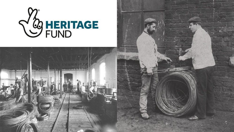 National Lottery heritage fund logo and 2 historical photographs of wire factory workers