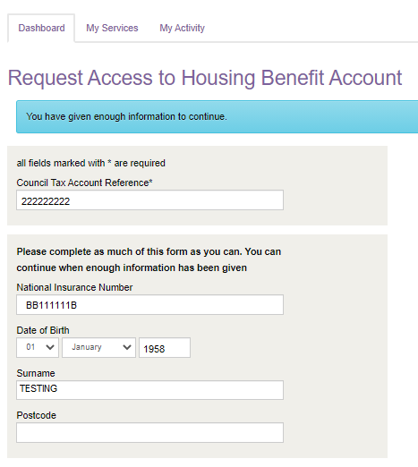 Access to Housing Benefit account - Enough information collected