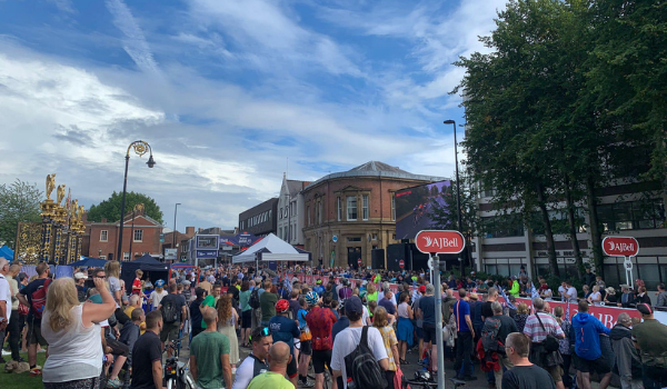 A photo of cycling fans at Sankey Street outside Warrington Town Hall during the Tour of Britain Stage 5 finish event.