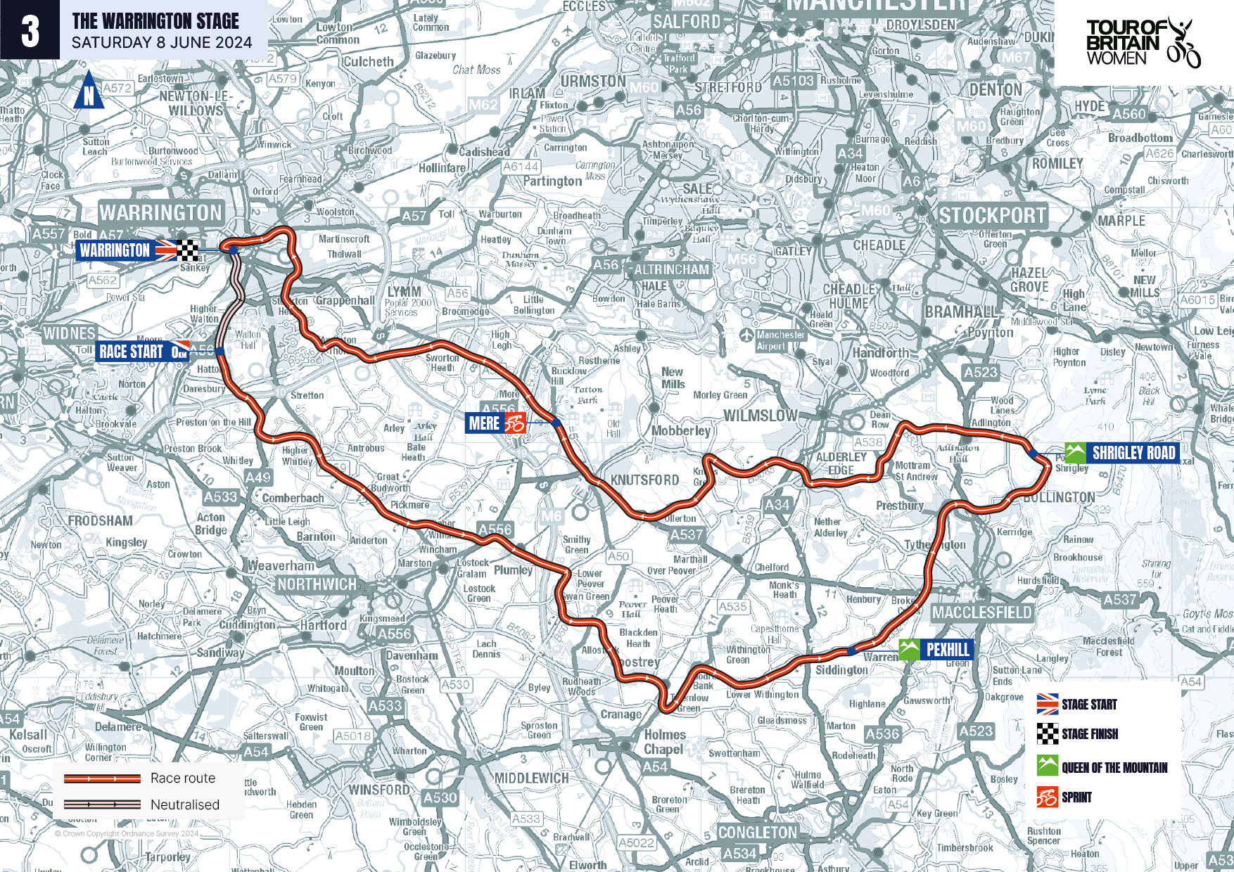 An illustration of the Tour of Britain Women stage 3 route map which starts and ends at the Golden Gates