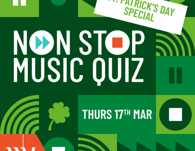 Green graphic with music icons and text which says Non Stop Music Quiz