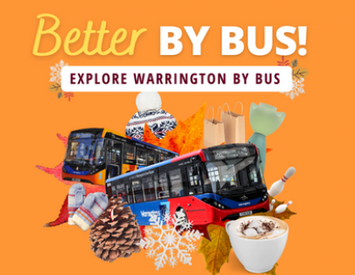 Photo collage of a bus, hat, snowflake and cup of coffee. Text: Better By Bus. Explore Warrington by bus. 