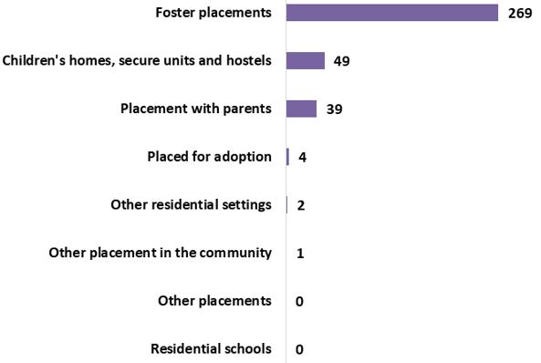 Graph showing type of provision children have been placed in: Foster placements 269, Children's homes, secure units and hostels: 49, Placement with parents: 39, Placed for adoption: 4, Other placement in community:1, Other placements:0, Residential schools:0