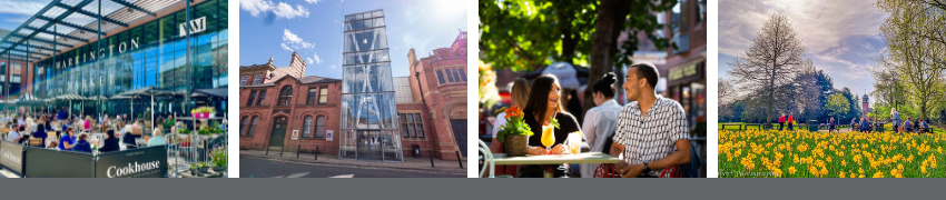 A montage banner image showing Warrington Market, Pyramid and Parr Hall, two people drinking cocktails and tree top adventure at Walton Hall & Gardens