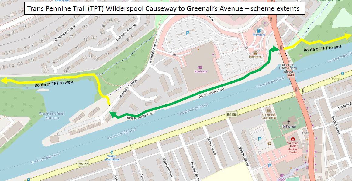 Trans pennine upgrade - Wilderspool Causeway to Greenalls Avenue running behind Morrisons