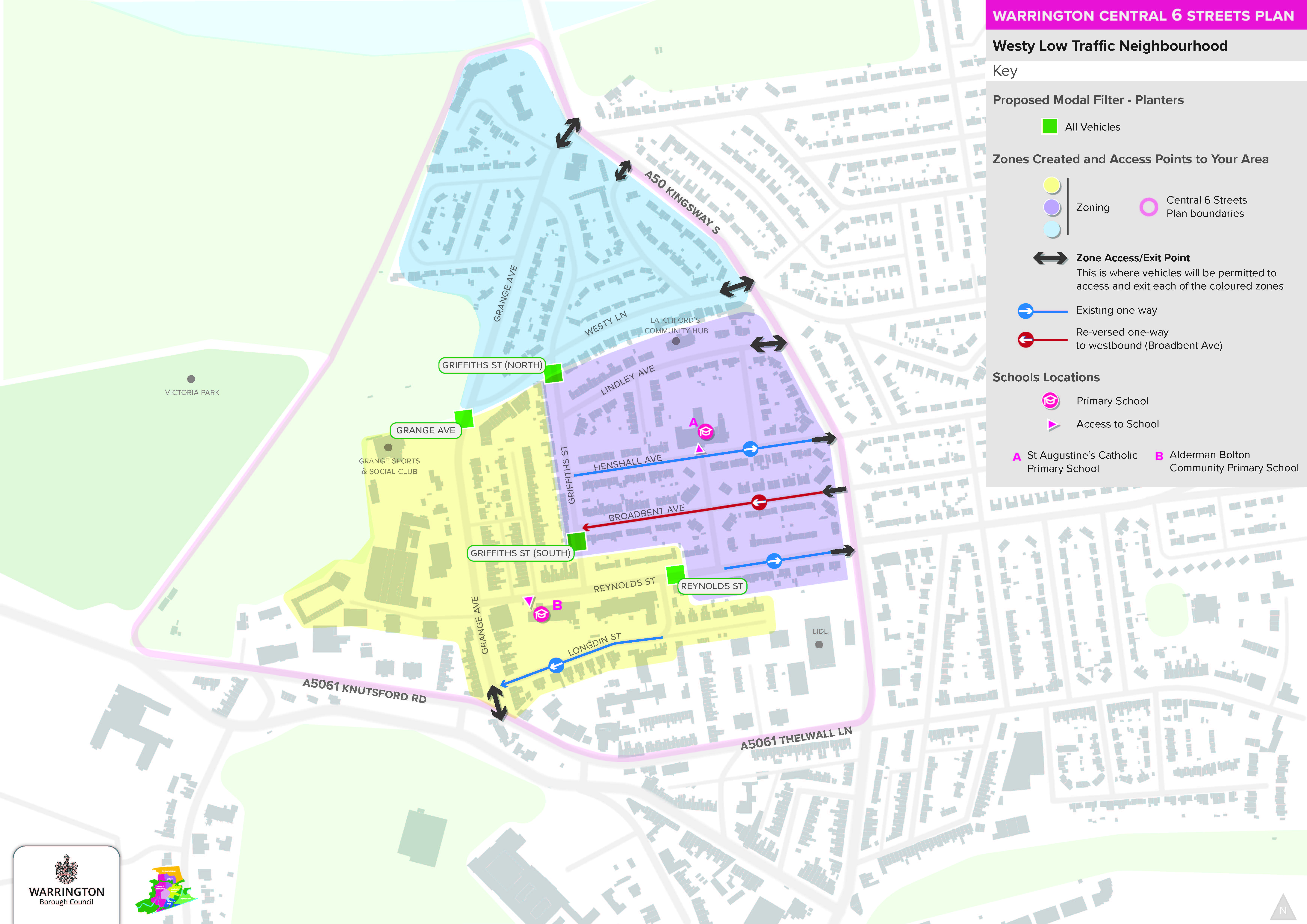 The plan shows several ‘modal filter’ locations across the Orford area. Modal filters are effectively point-closures that restrict vehicular traffic from accessing a particular street. They are proposed to be located at:  Grange Ave, south of the junction with Westy Lane Griffiths Street, south of the junction with Westy Lane Griffiths Street, south of the junction with Broadbent Avenue Reynolds Street, east of the junction with Tinsley Street Access to the area around St Augustine’s Primary School will be 