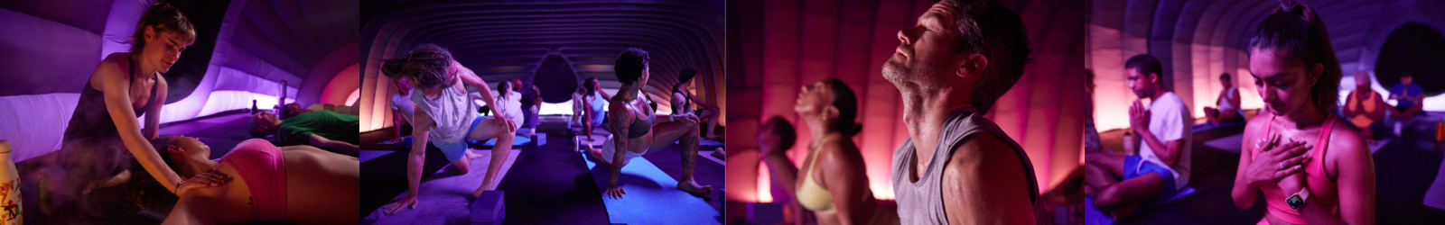 A series of hotpod yoga photos showing people doing yoga in the purple light of the pod