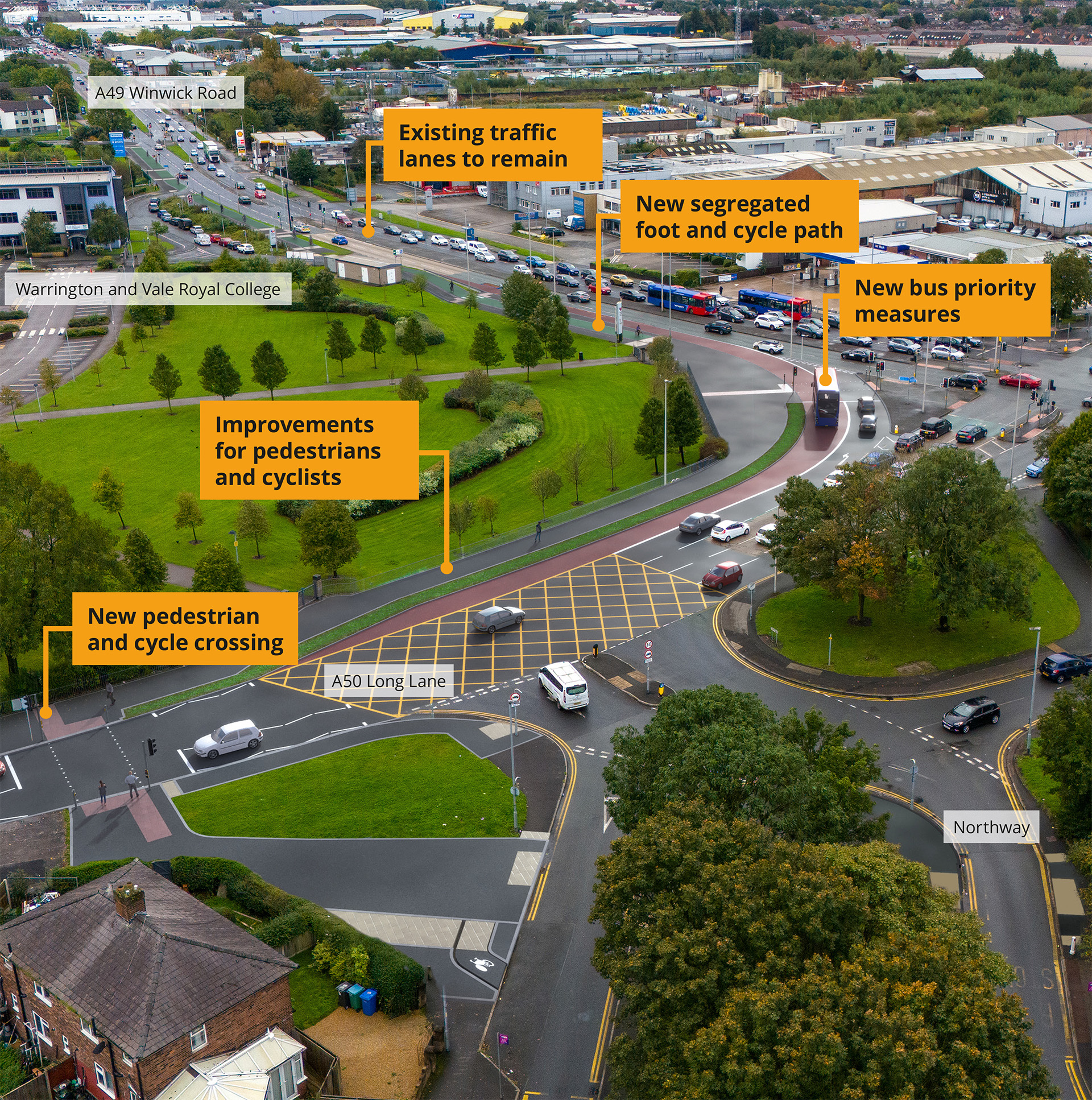 Bus priority improvements on the junction of the A50 Long Lane and A49 Winwick Road.  The picture also shows active travel improvements along Long Lane outside Warrington & Vale Royal College on the westbound carriageway in the form of shared space pedestrian and cycle path.  Active travel improvements along Winwick Road shown is new or improved lengths of segregated foot and cycleway.  The image also shows a new Toucan crossing which is proposed on Long Lane adjacent to the college access.