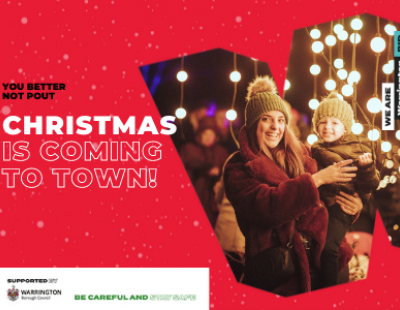 Photo of a woman and child surrounded by festive lights. Text: You better not pout, Christmas is coming to town!
