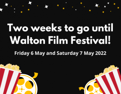 Graphic with illustrations of movie wheels and popcorn. Text: Two weeks to go until Walton Film Festival!