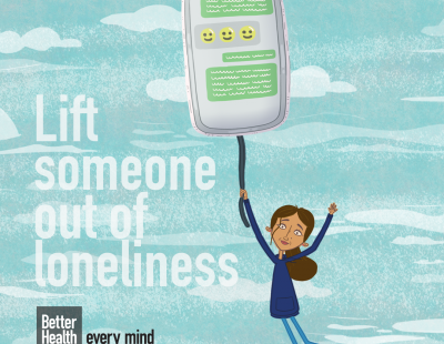 Text: Lift someone out of loneliness. Image: Illustrated women being lifted by mobile like a balloon, showing supportive messages between friends