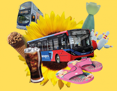 Collage of Warrington buses surrounded by activities people can enjoy, including going bowling and going out for a drink.