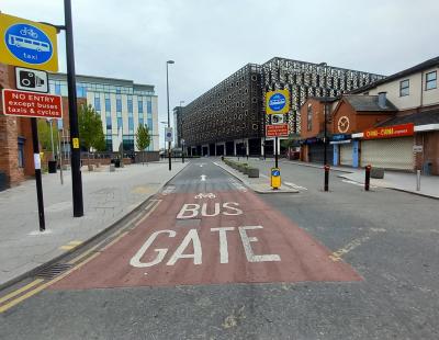 Image of Academy Way bus lane in Warrington town centre.