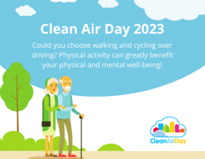 Illustration of two people walking down a street. Text: Clean Air Day 2023