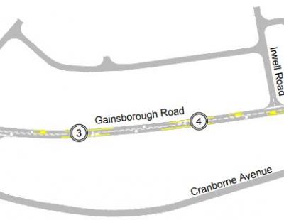 Map of Gainsborough Road, showing proposed locations for chicane traffic calming measures.