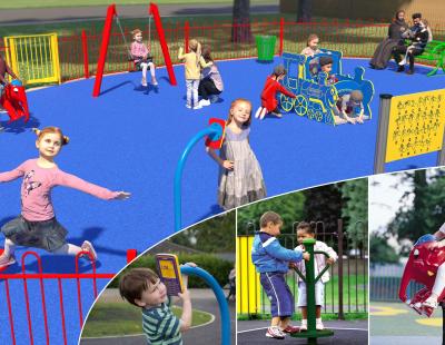 Artist's impression of refurbished Alconbury Close play ground, featuring children enjoying the equipment.