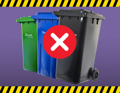 Black, blue and green bins with a red cross through them denoting no bins will be emptied