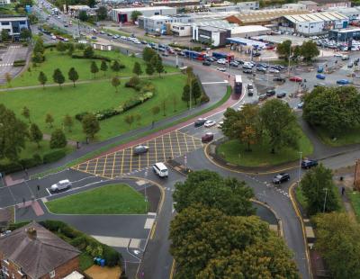 An aerial image of the A49, Winwick Road.