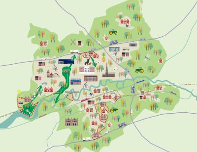 Graphic of map of Warrington, showing icons for local amenities.