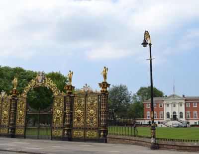 Image of the Golden Gates and town hall in Warrington