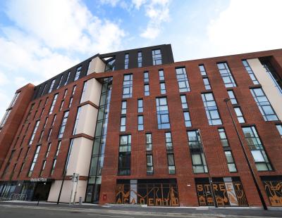 Image of exterior of Academy Way apartments in Warrington town centre.
