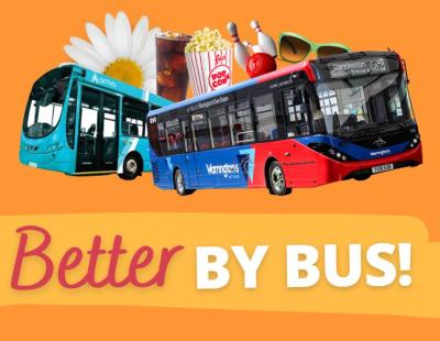 Image of Better by Bus logo, featuring an image of buses, spring flowers, a cold beverage and popcorn.