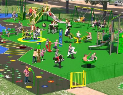 Artist's impression of the new-;look Culcheth Village Green play area, featuring children using a range of play equipment.