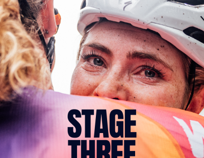 A photo of a woman with a bike helmet on with the words "Stage 3" and "Warrington" written in front of it to denote when Warrington will host the women's tour