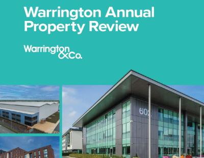 Image of the front cover of Warrington's Annual Property Review 2024, featuring images of key buildings and developments.